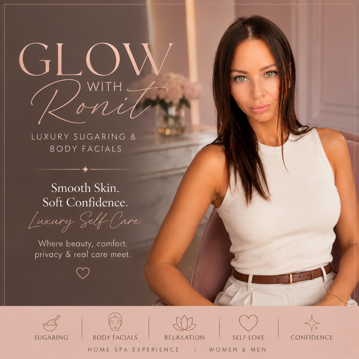 Glow With Ronit luxury sugaring and body facials hero artwork.